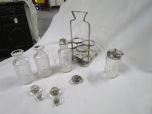Load image into Gallery viewer, Vintage Cut Clear Glass Cruet and Condiment Set with Silverplate Table Holder
