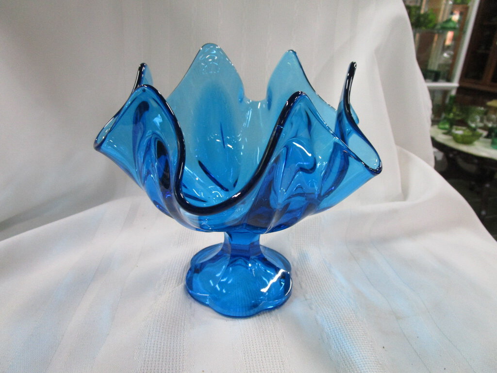 Vintage LE Smith Colonial Blue Glass Footed Compote Dish