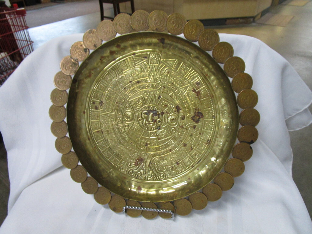 Vintage Brass Mayan Aztec Calendar with 1950's Mexican Centavos Edges Wall Plaque Footed Bowl