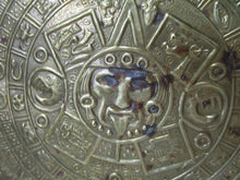 Load image into Gallery viewer, Vintage Brass Mayan Aztec Calendar with 1950&#39;s Mexican Centavos Edges Wall Plaque Footed Bowl
