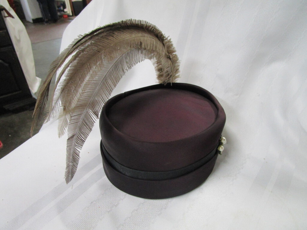 Vintage A Dianne Style Satin Pillbox Hat with Feathers