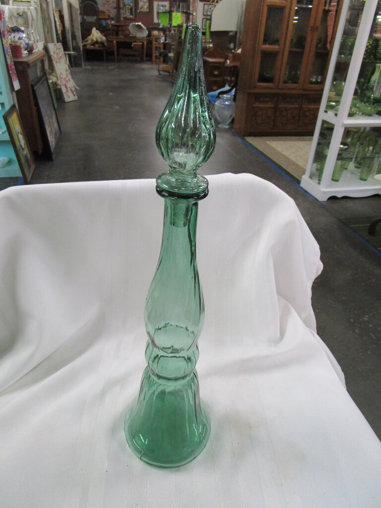 Vintage Empoli Light Green Glass Genie Decanter Bottle with Flame Stopper