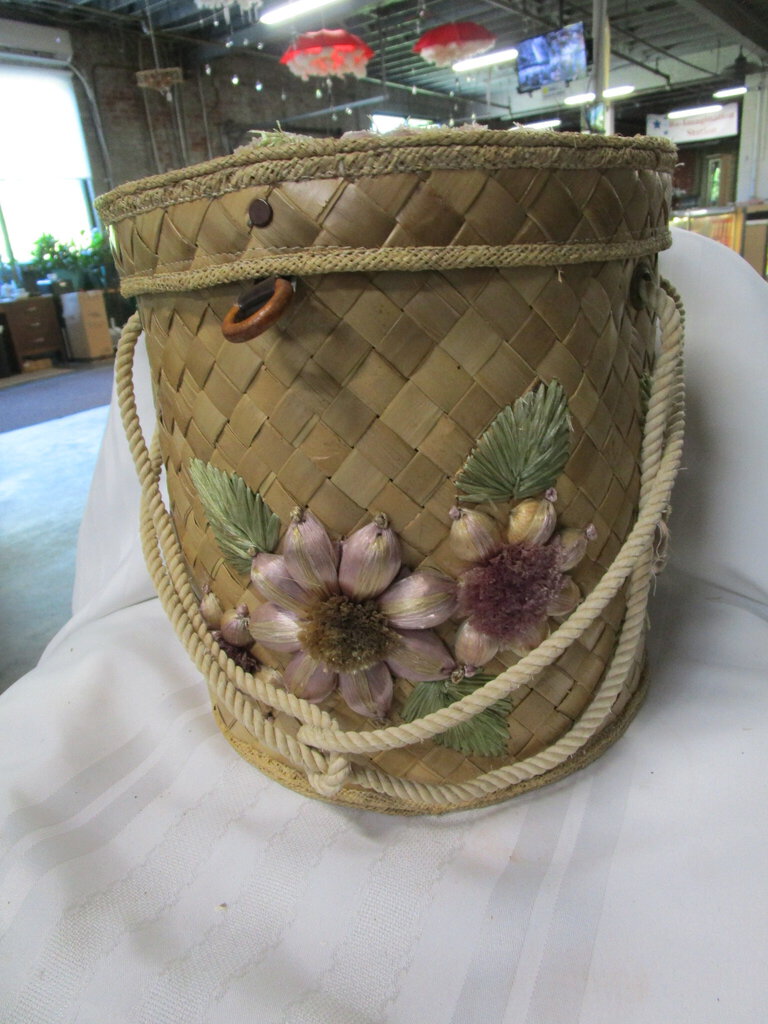 Vintage Philippines Woven Floral Hat Wig Basket Box