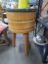 Load image into Gallery viewer, Primitive Rustic Maple Turned Butcher Block with Tripod Legs and Black/Grey Granite Removable Top

