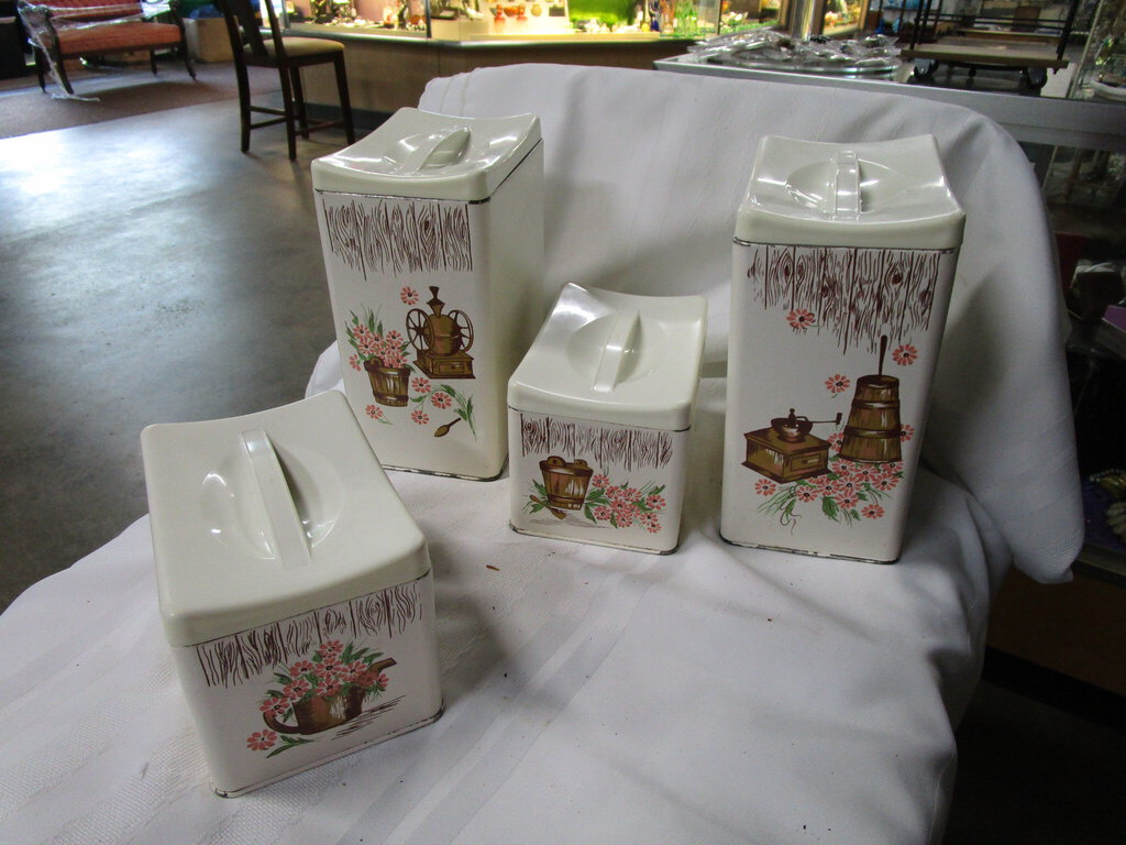 Vintage Ransberg Tin Country Floral Kitchen Canister Set of 4 with Matching Lids
