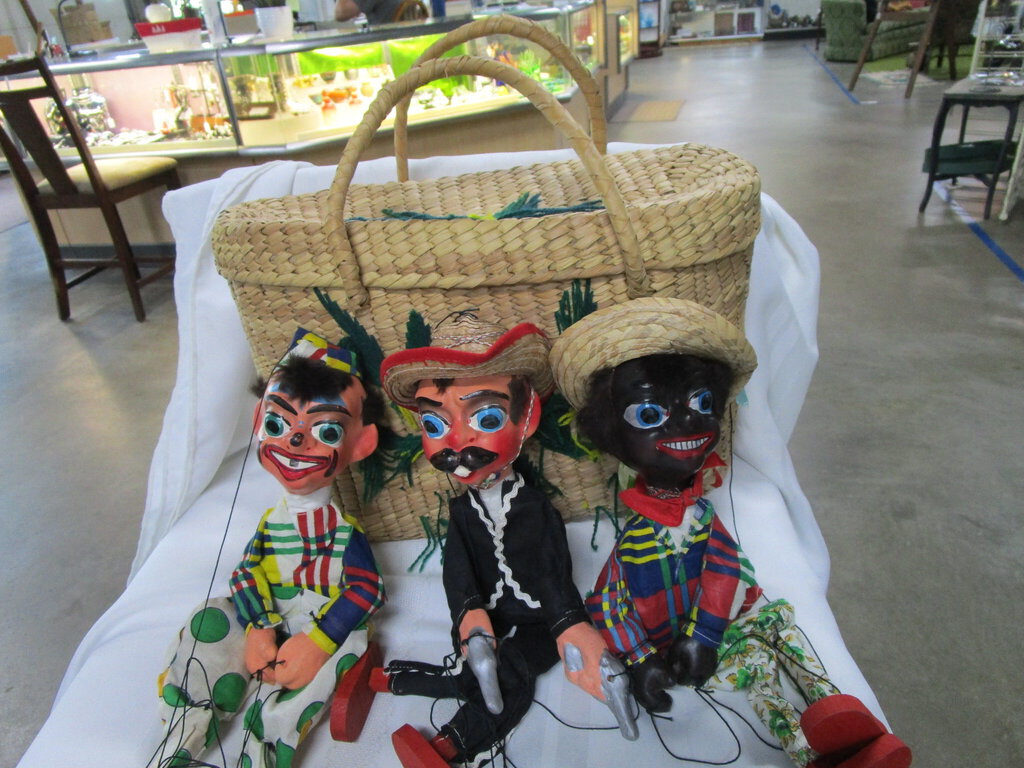 Vintage Mexico Woven Carry Bag and (3) Handmade Marionettes