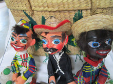 Load image into Gallery viewer, Vintage Mexico Woven Carry Bag and (3) Handmade Marionettes
