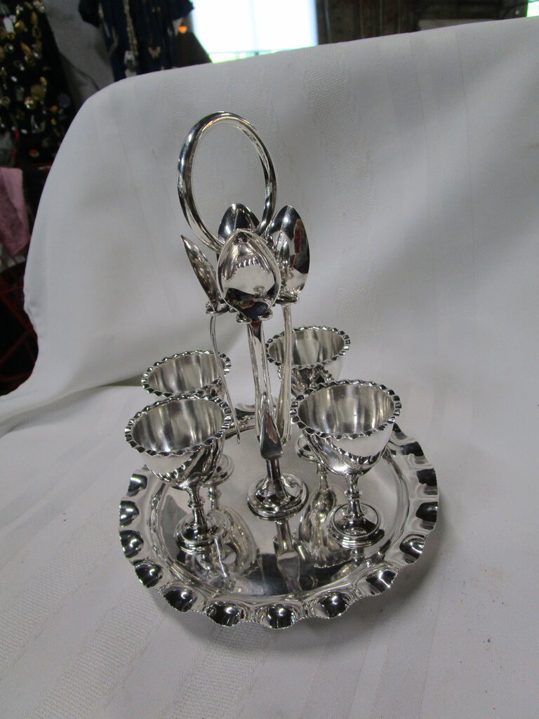 Vintage Victorian Style Silver Tone Metal Egg Cruet Serving Table Set for Four