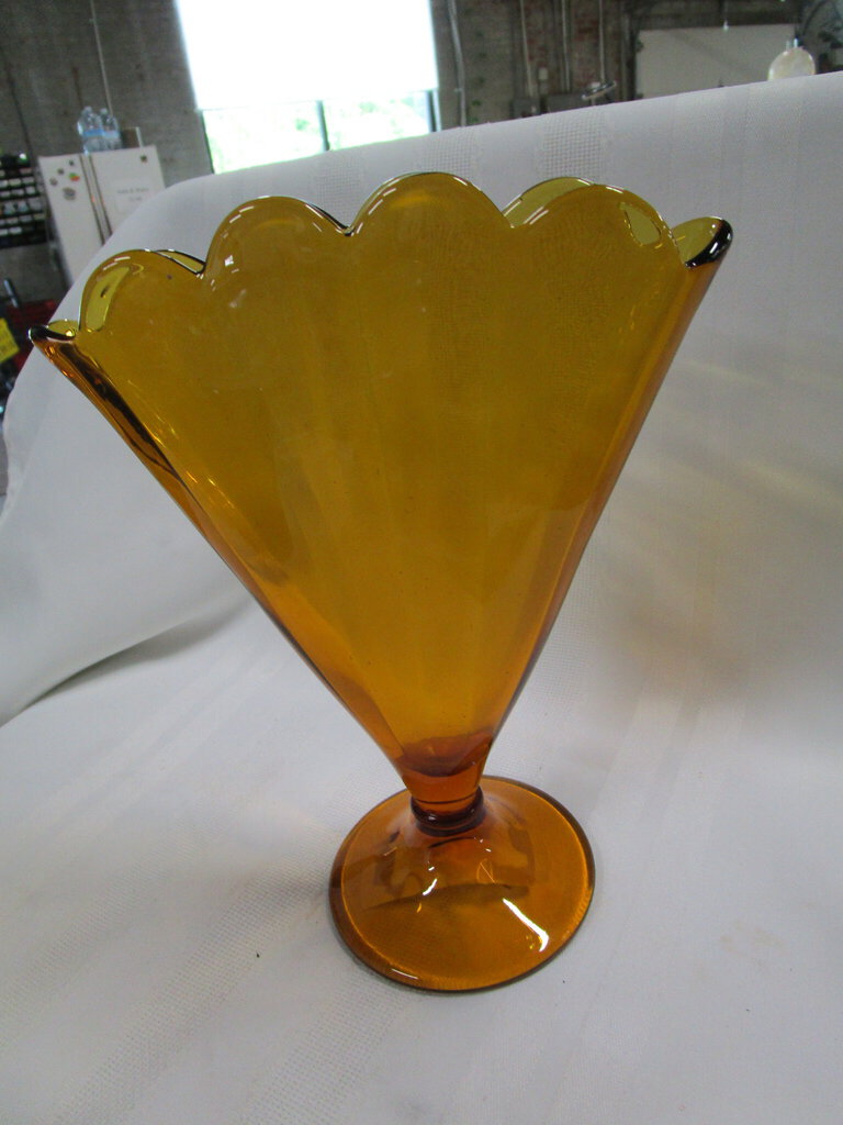 Vintage Art Deco Style Amber Glass Fan Vase