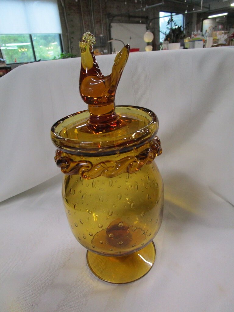 Vintage Amber Glass Pedestal Candy Dish with Rooster Glass Lid