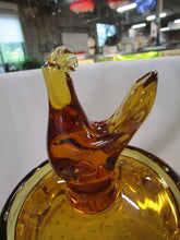 Load image into Gallery viewer, Vintage Amber Glass Pedestal Candy Dish with Rooster Glass Lid
