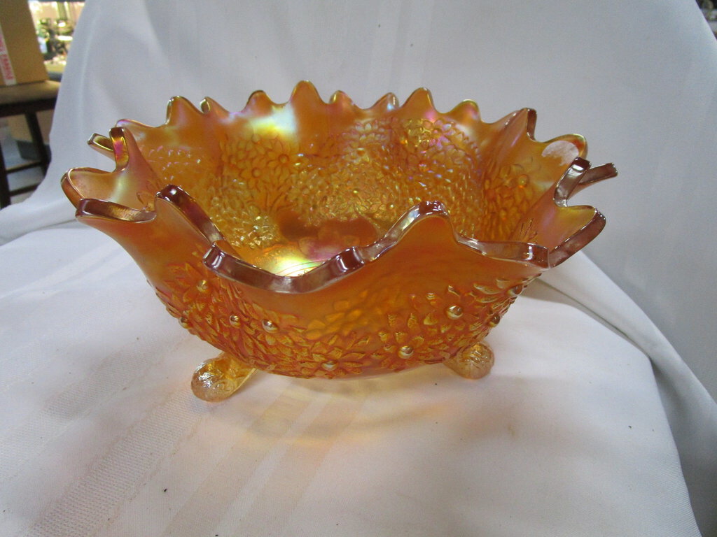 Fenton Marigold Carnival Glass Tree Motif Tripod Fruit Bowl