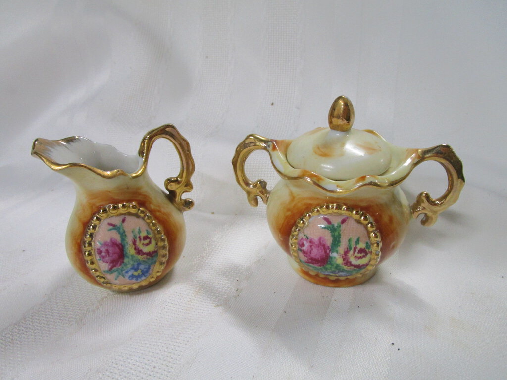 Vintage Enesco Floral Bead Porcelain Creamer and Sugar Bowl Set