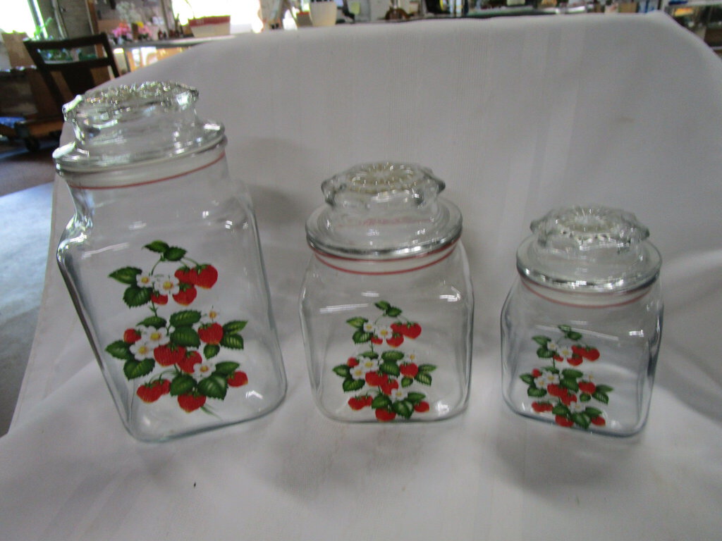 Vintage Anchor Hocking Clear Glass Strawberry Motif Kitchen Canisters with Lids