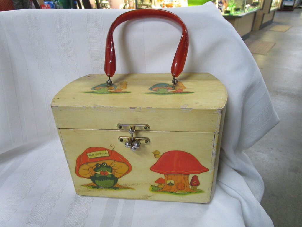 Vintage Trolly Stop Mushroom and Toad Train Box Purse with Bakelite Red Handle
