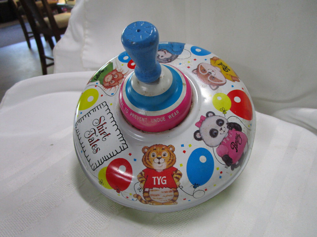 1980's Ohio Art Shirt Tales Tin Litho Spinning Top Toy