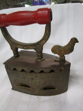 Load image into Gallery viewer, Vintage Czech Hot Coal Metal Clothing Iron with Red Wood Handle and Rooster Lid Latch
