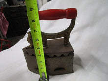 Load image into Gallery viewer, Vintage Czech Hot Coal Metal Clothing Iron with Red Wood Handle and Rooster Lid Latch
