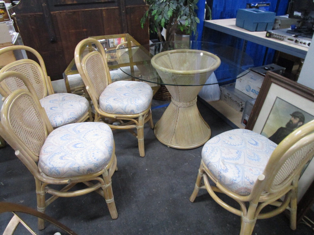 Vintage Washed Rattan Dining Table with Glass Top and Four Upholstered Dining Chairs Cane Backs