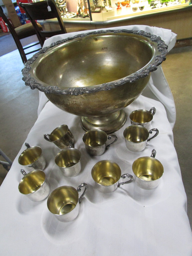 Vintage Silver Tone Pedestal Punch Bowl with Ten Sheridan Silverplate Punch Cups