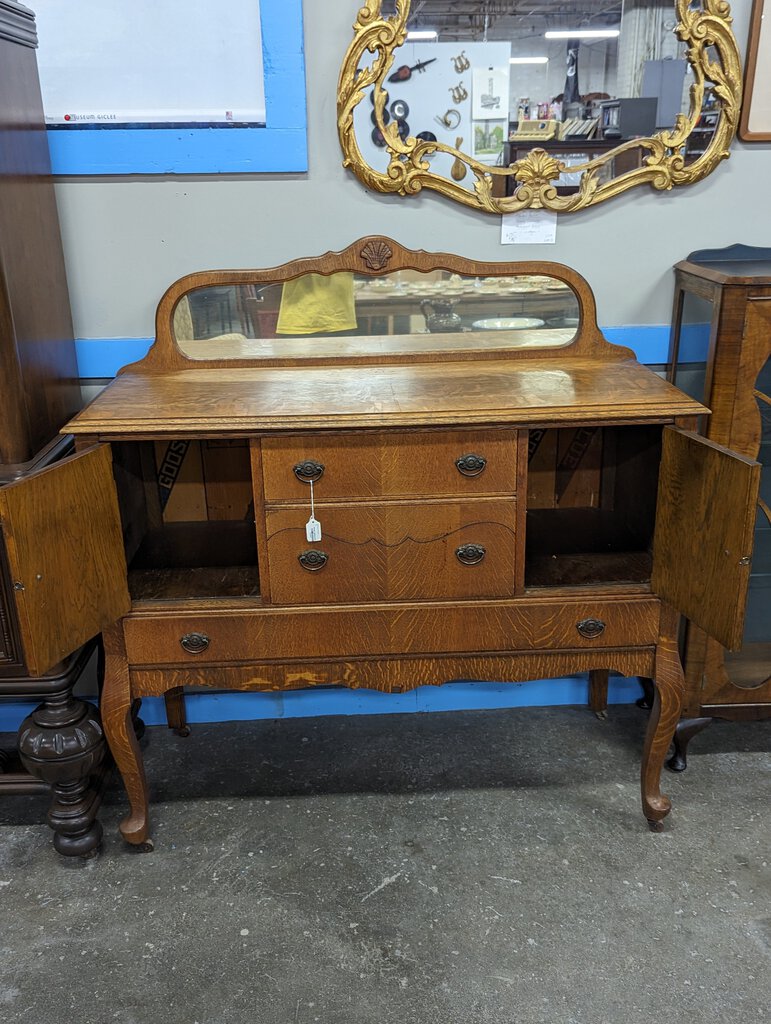 Antique Tiger Oak Server Sideboard with Mirror