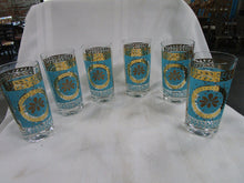 Load image into Gallery viewer, Retro MCM Turquoise/Gold Medallion Clear Glass Tumblers Set of 6
