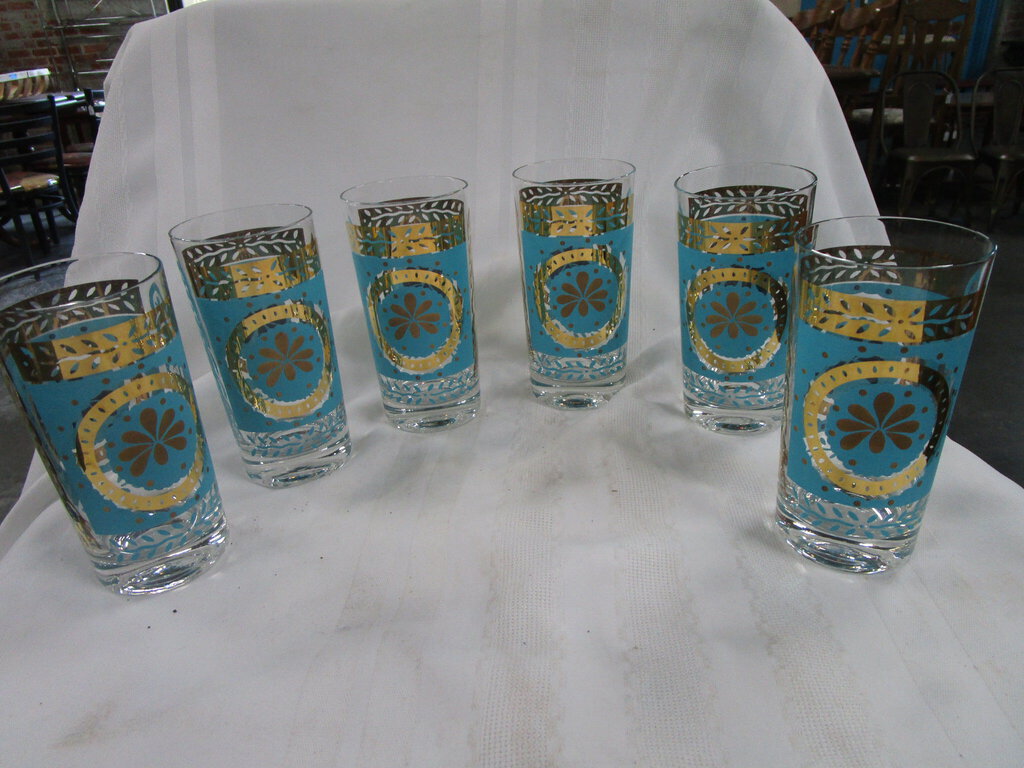 Retro MCM Turquoise/Gold Medallion Clear Glass Tumblers Set of 6