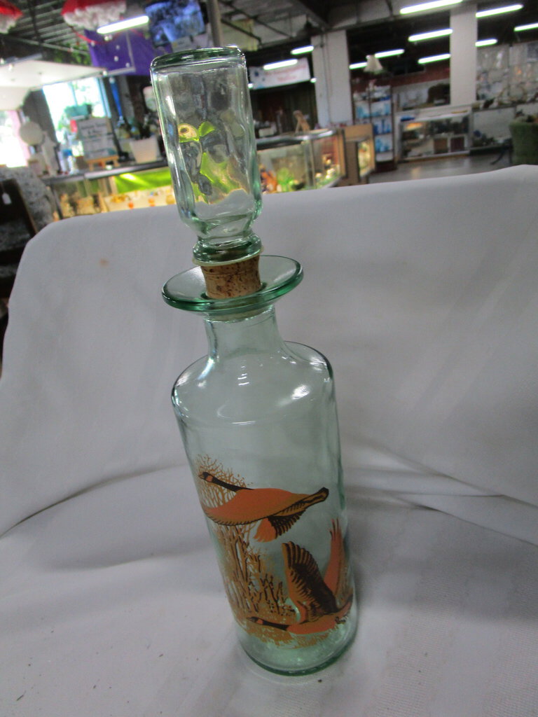 Vintage Old Fitzerald Flying Geese Clear Glass Empty Decanter with Stopper