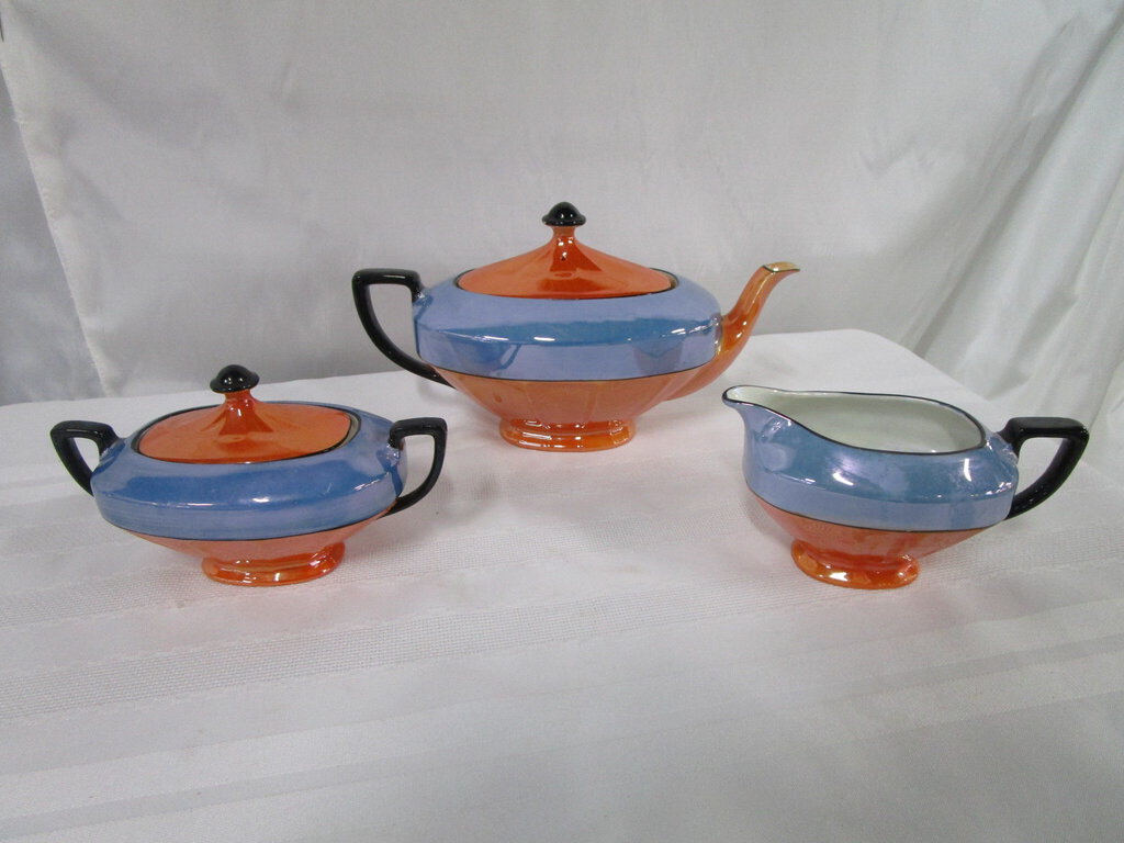 Vintage Czech Slovakia Orange/Blue Luster Teapot, Creamer and Sugar Serving Set