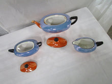 Load image into Gallery viewer, Vintage Czech Slovakia Orange/Blue Luster Teapot, Creamer and Sugar Serving Set
