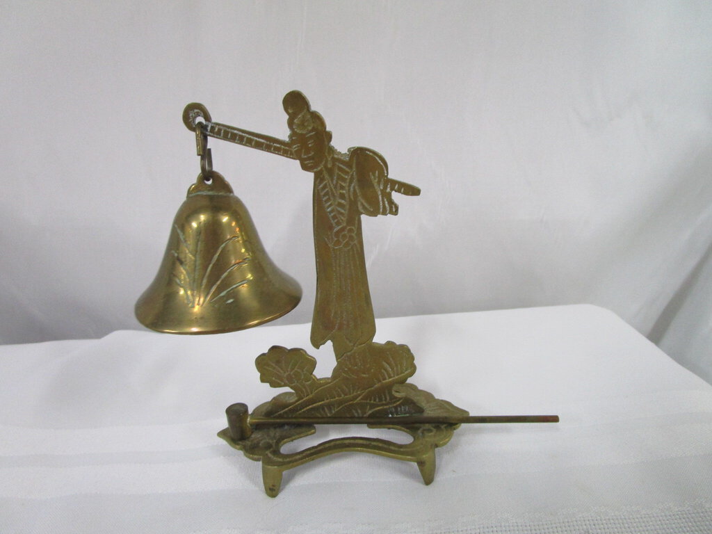 Vintage Asian Oriental Brass Man with Dinner Bell and Hammer