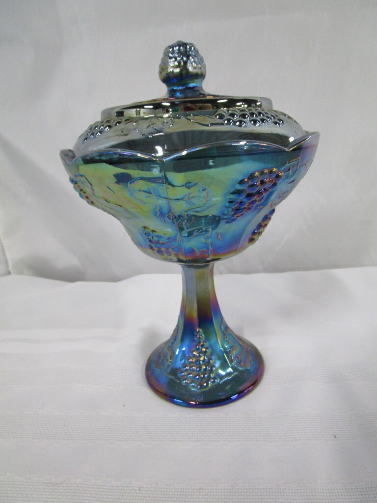 Vintage Indiana Glass Harvest Grapes Blue Carnival Glass Candy Dish with Lid