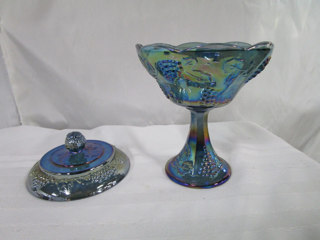 Vintage Blue Carnival Glass Candy Dish With Lid Harvest Grape