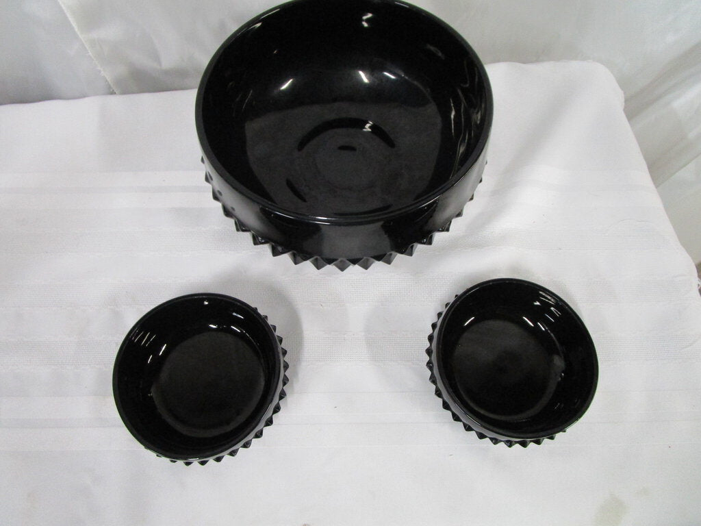 Indiana Glass Black Diamond Point Serving Bowl & 2 Individual Bowls