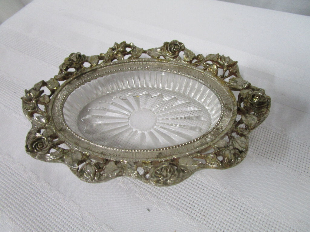 Vintage Matson Metal Rose and Pressed Glass Soap Trinket Oval Dish