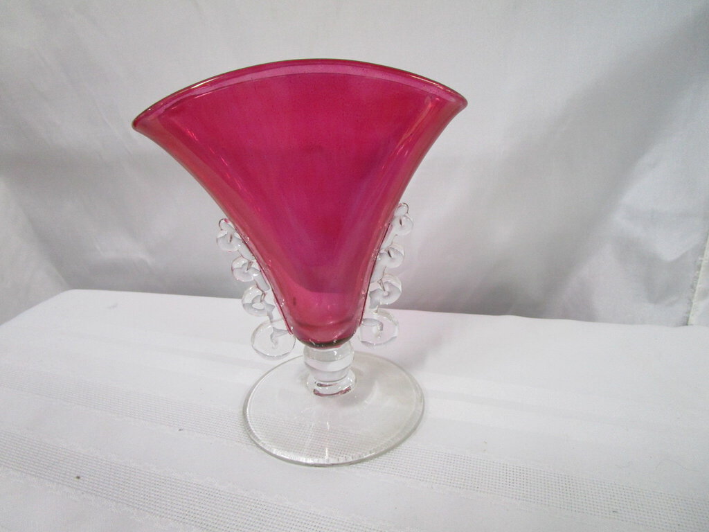 Vintage Heisey Cranberry Flash and Clear Glass Lariat Footed Fan Vase