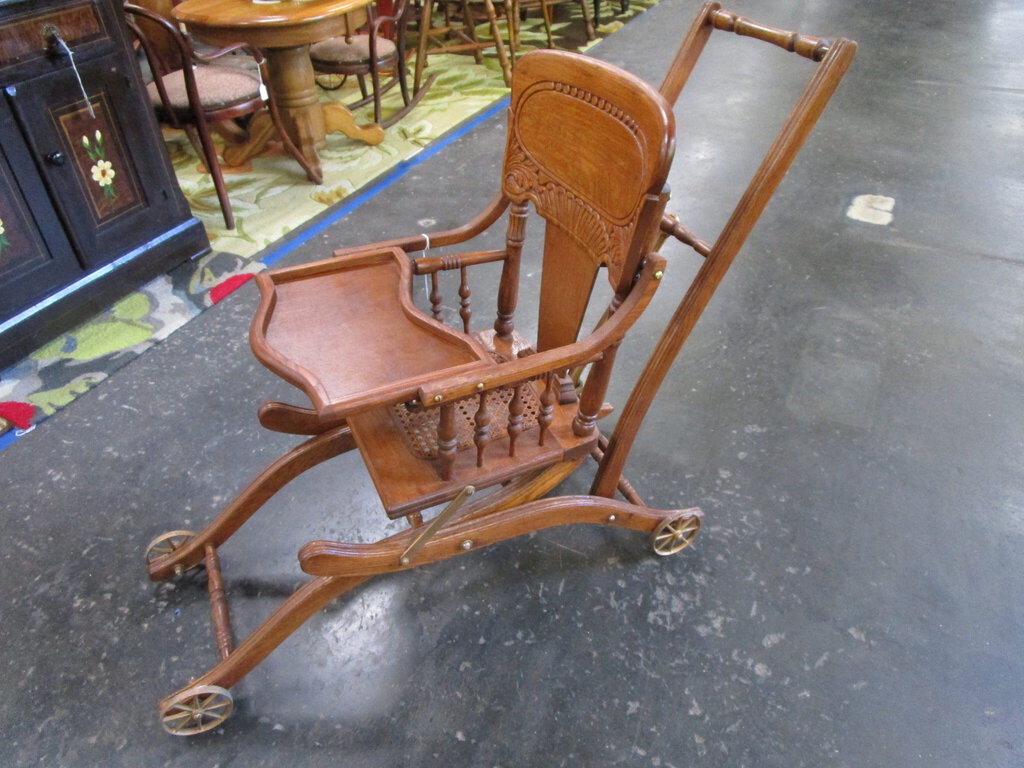Restored Antique Pressed Back Oak Convertible Wheeled Stroller to High Chair