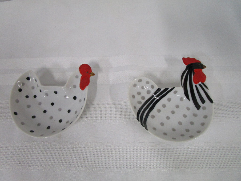 Vintage Lefton Ceramic Hen Rooster Trinket Ashtray Dish Set of 2