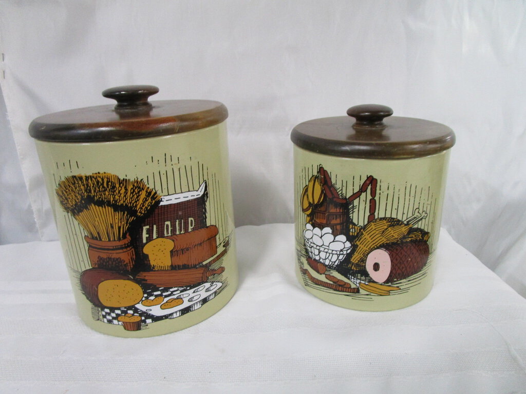 Vintage Ransburg Farmhouse Metal with Wood Tops Kitchen Canisters Set of 2