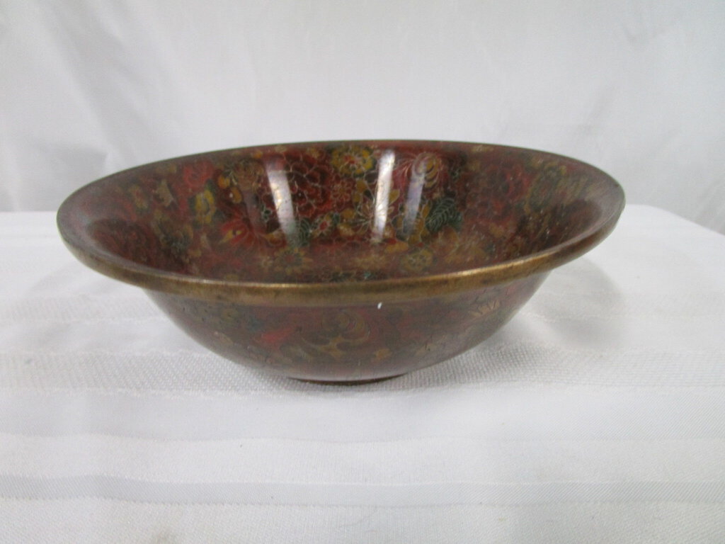 Vintage India Enameled Metal Floral Decor Bowl