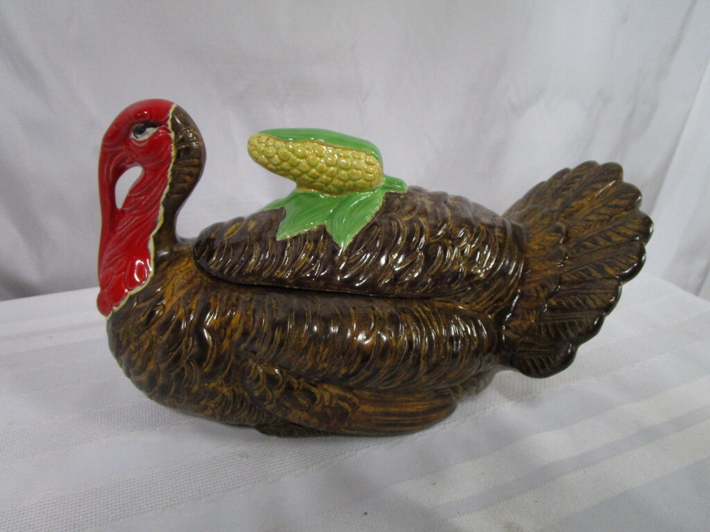 Vintage Ceramic Painted Turkey Tureen with Corn Cob Lid