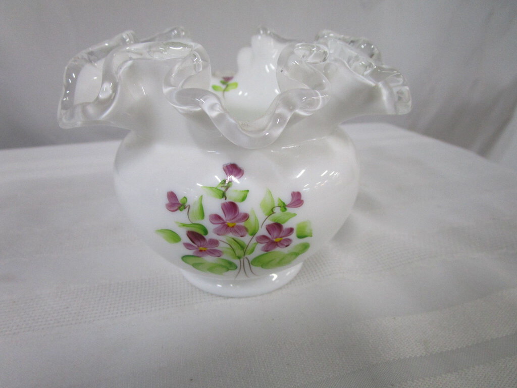 Vintage Fenton Silver Crest Violets in the Snow Ruffled Small Vase Bowl