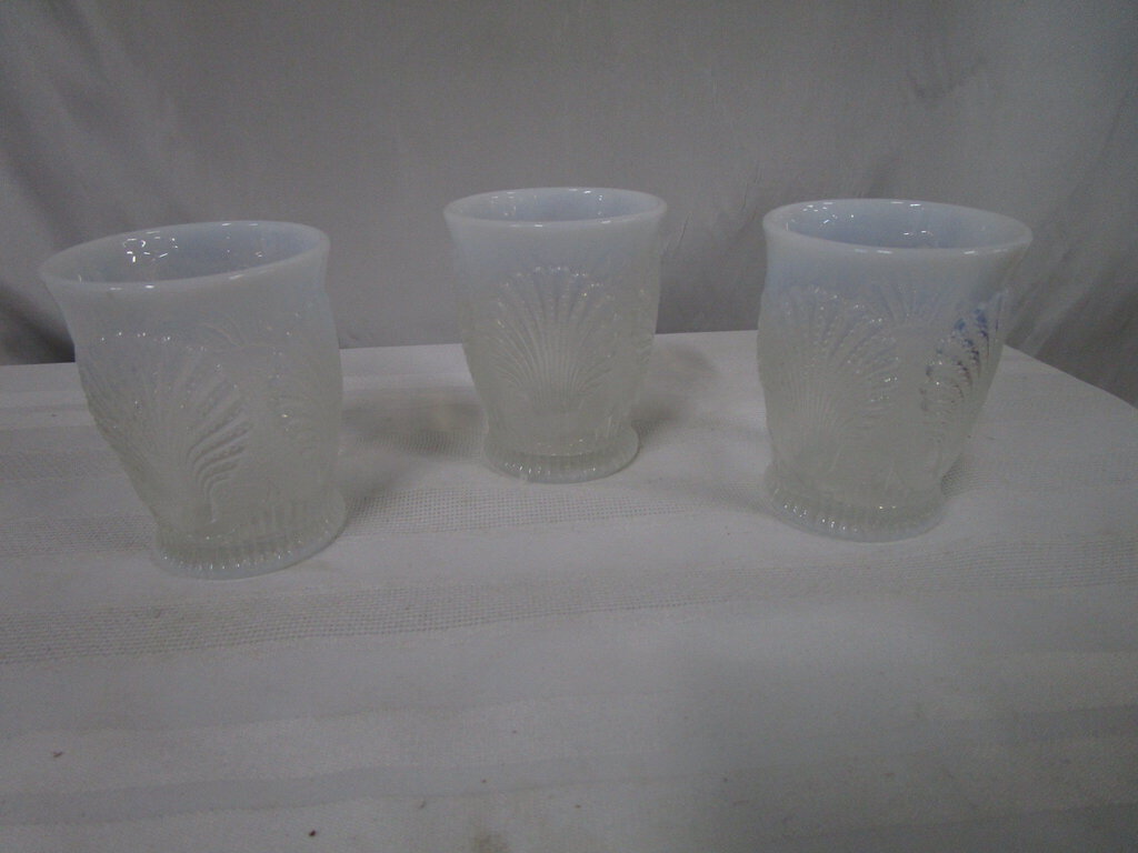 Vintage Mosser Glass French Beaded Opalescent Shell Tumblers Water Glasses Set of 3