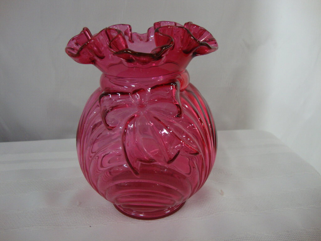Vintage Fenton Unmarked Cranberry Ruffled Vase with Front Bow