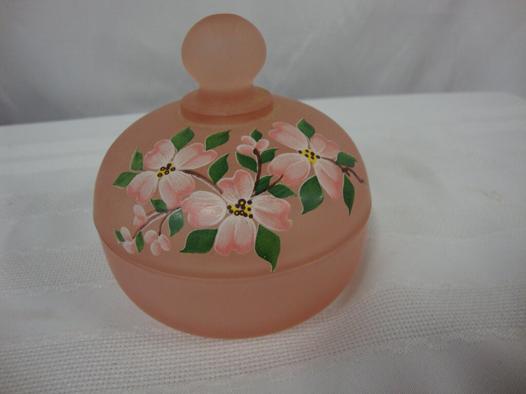 Vintage Pink Satin Glass Powder Vanity Jar with Floral Transfer