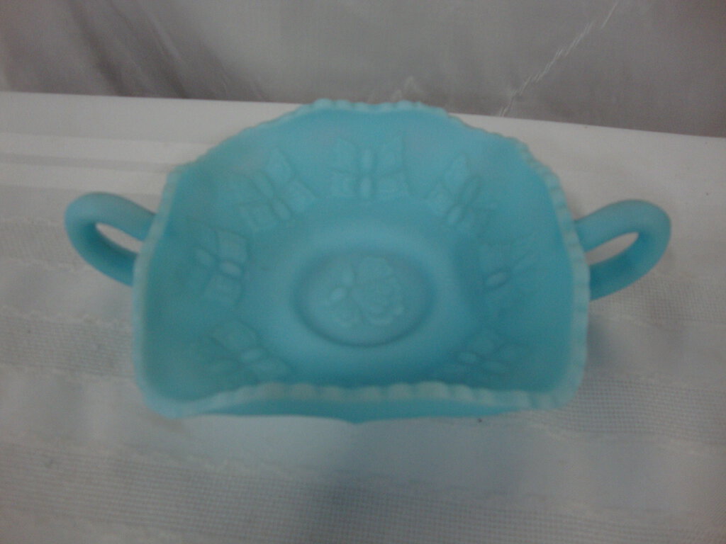Fenton Blue Satin Glass Double Handle Dish with Butterfly Design