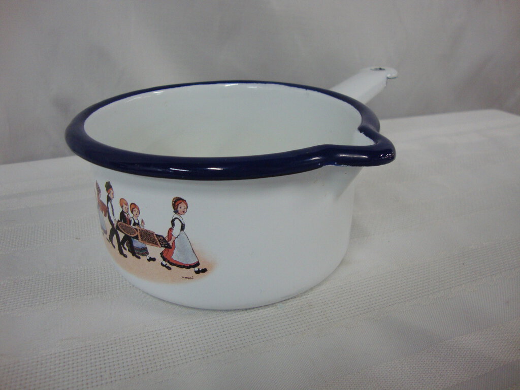 Vintage Hansi France Enamel Sauce Pan with Children with Food Scene