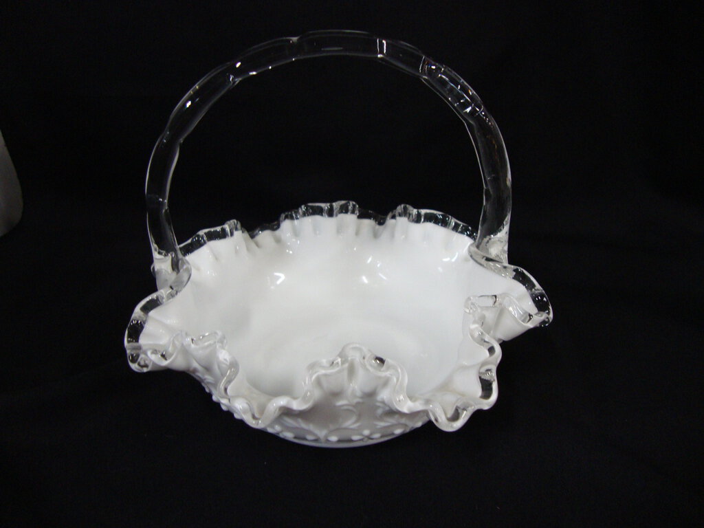 Vintage Fenton White Spanish Lace Milk Glass Ruffled Basket