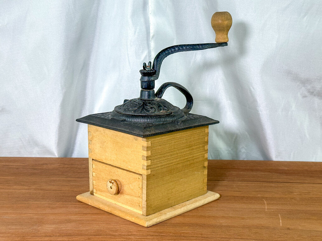 Vintage Wood & Cast-Iron Coffee Grinder with Decorative Patterns