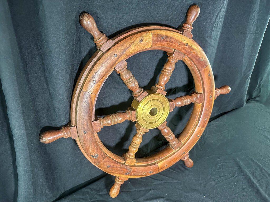 Vintage Wood & Brass Boat Steering Wheel